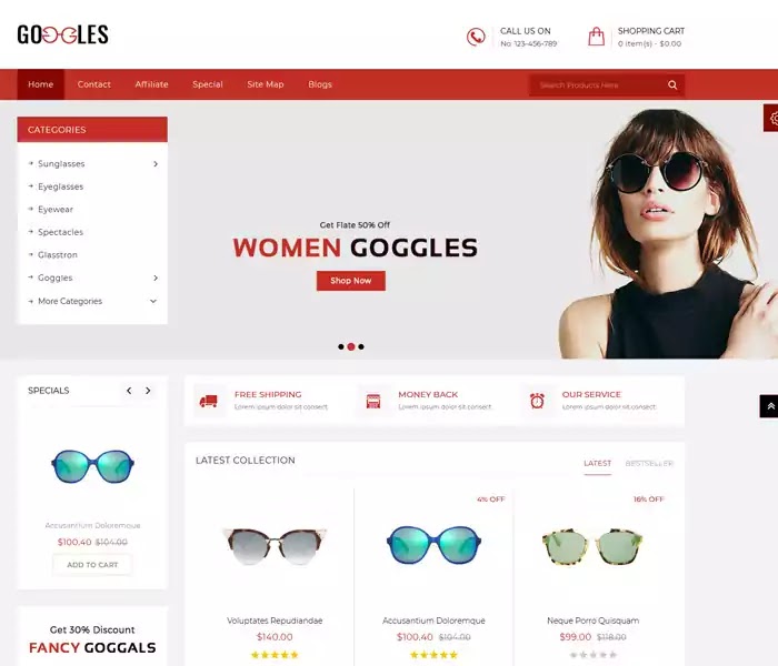 Googles Store opencart eyewear theme