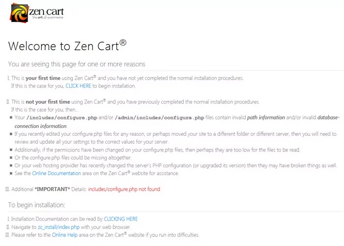 Zen Cart installation window 
